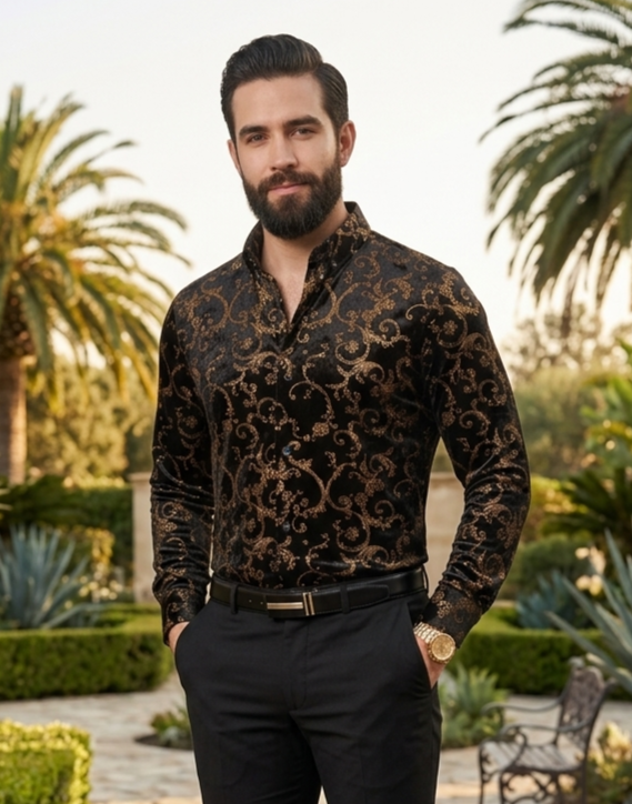 Modelo con camisa de terciopelo negro con estampado barroco dorado