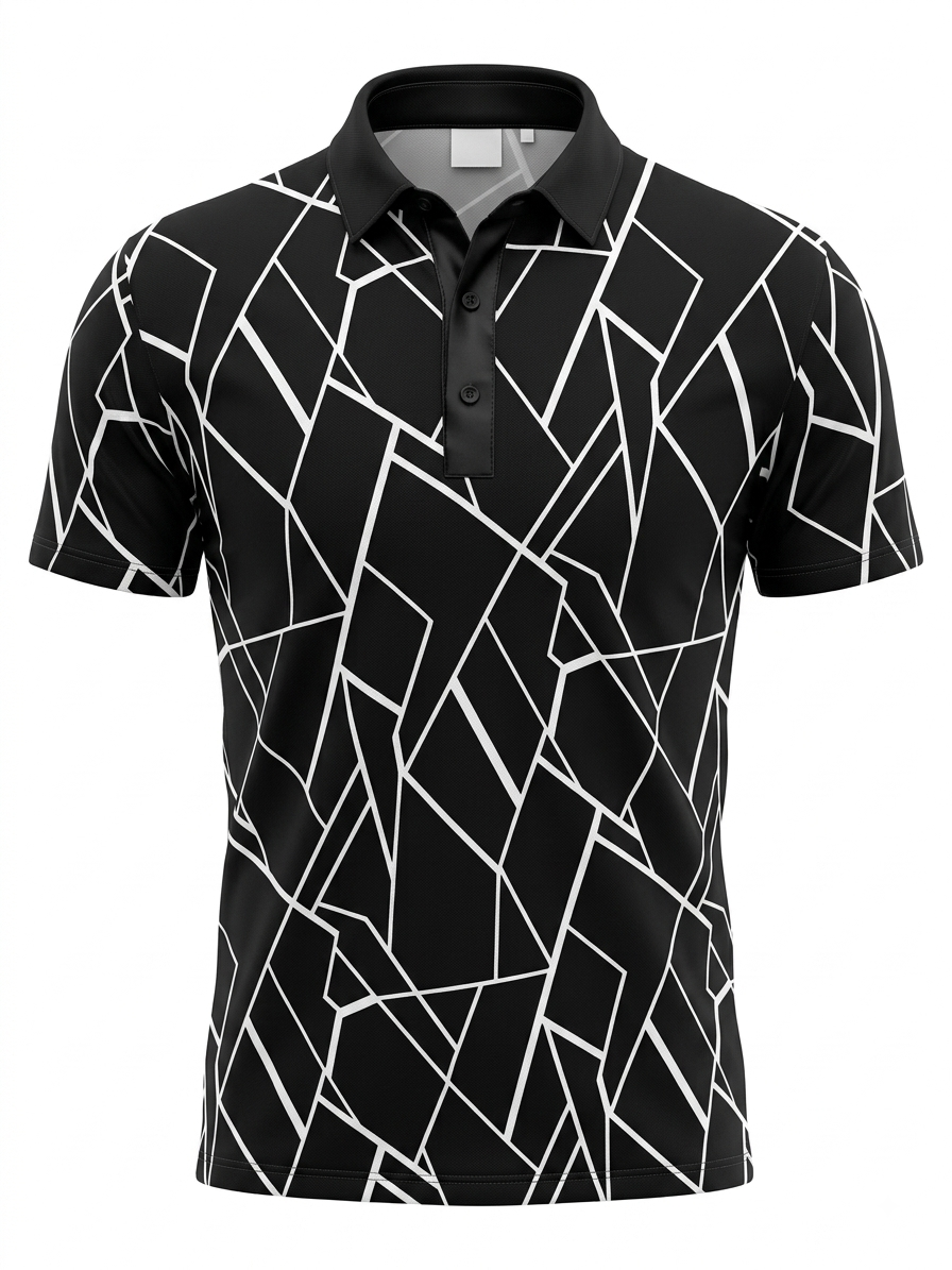 Polo negro con líneas geométricas blancas