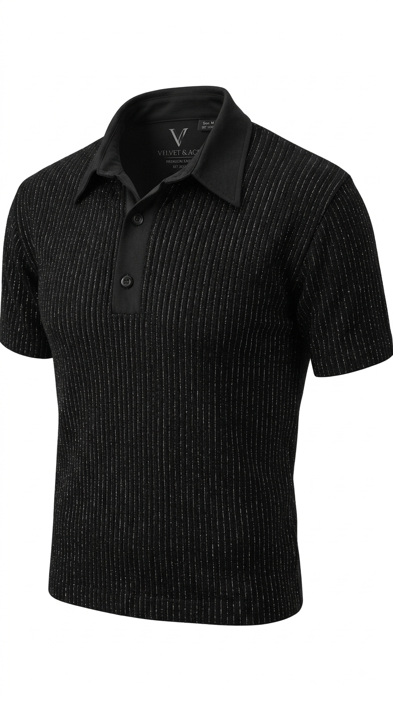 Polo negro con líneas verticales plateadas
