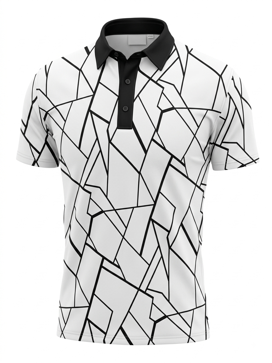 Playera polo blanca con patrón geométrico en contraste negro