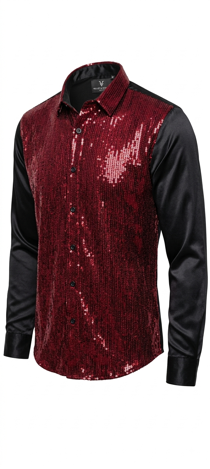 Camisa de lentejuelas vino con mangas satinadas
