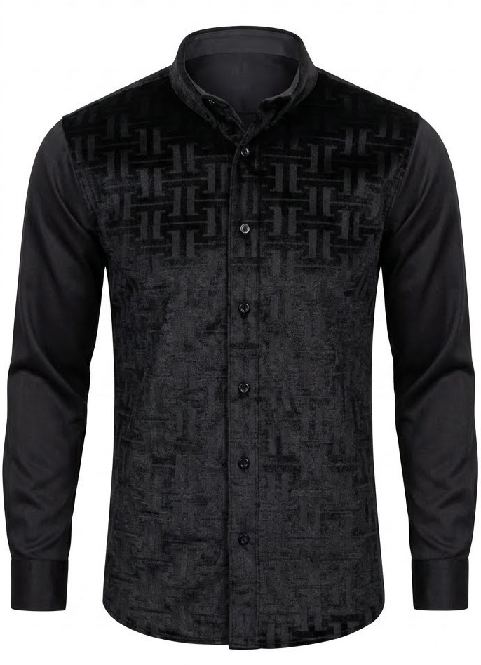 Camisa negra de terciopelo con textura geométrica
