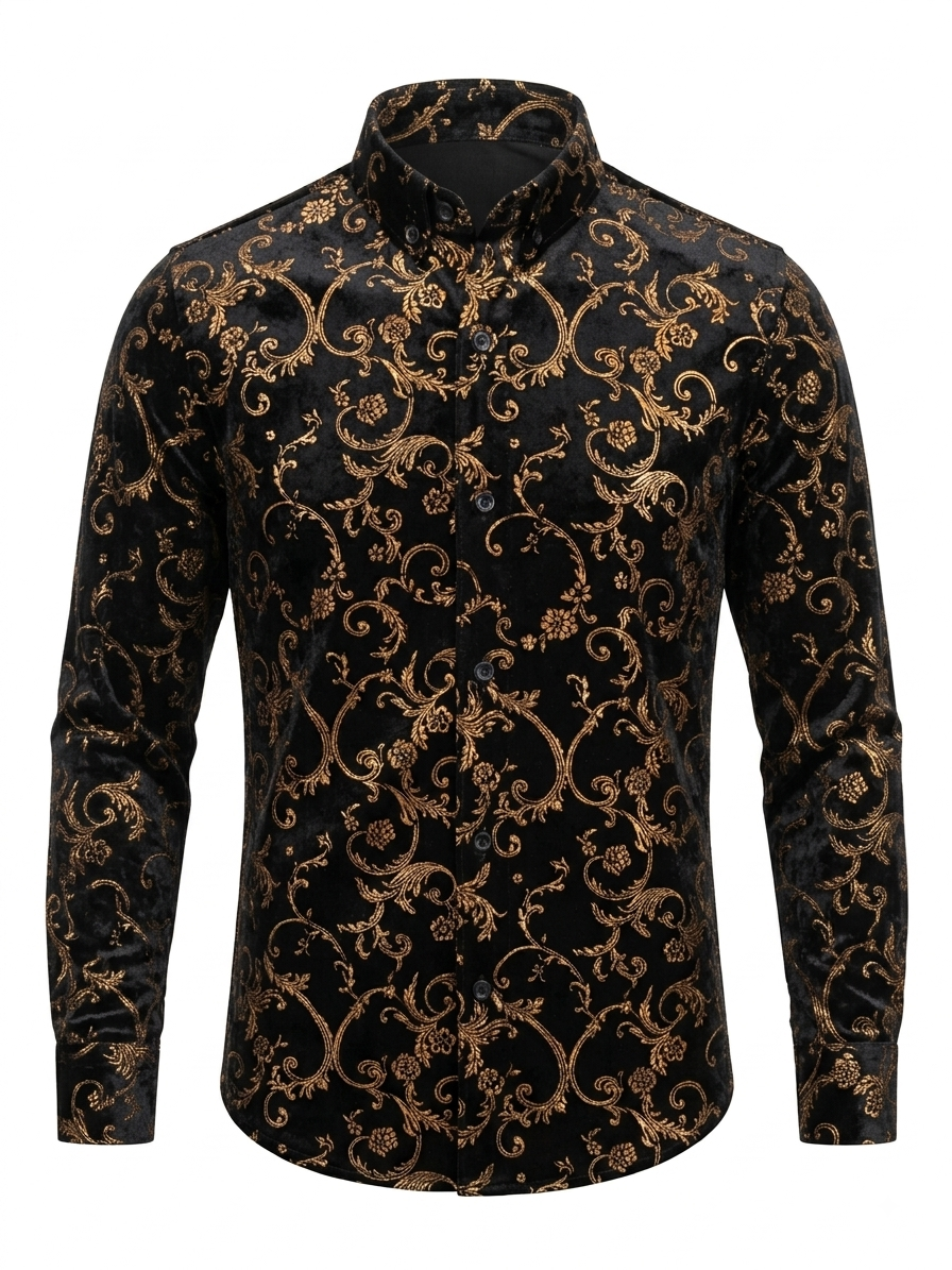 Camisa manga larga de terciopelo negro con estampado floral dorado
